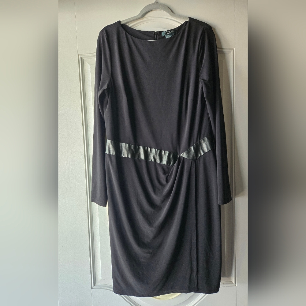 Ralph Lauren Black Long Sleeve Dress with Faux Leather Detail ~ Size 16 Career‎